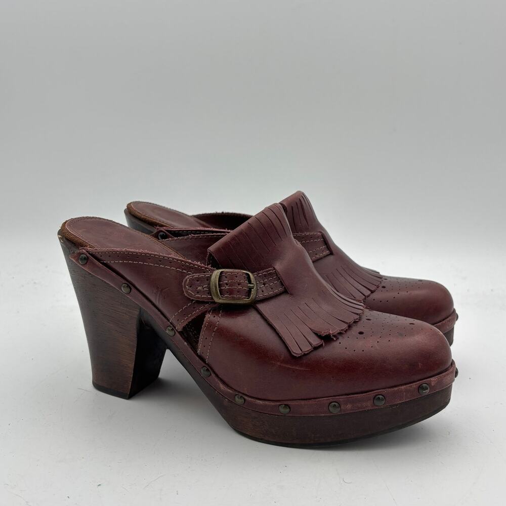 Frye Ellie Kiltie Fringe Clogs Heeled Mules Women's 10B Boho Indie